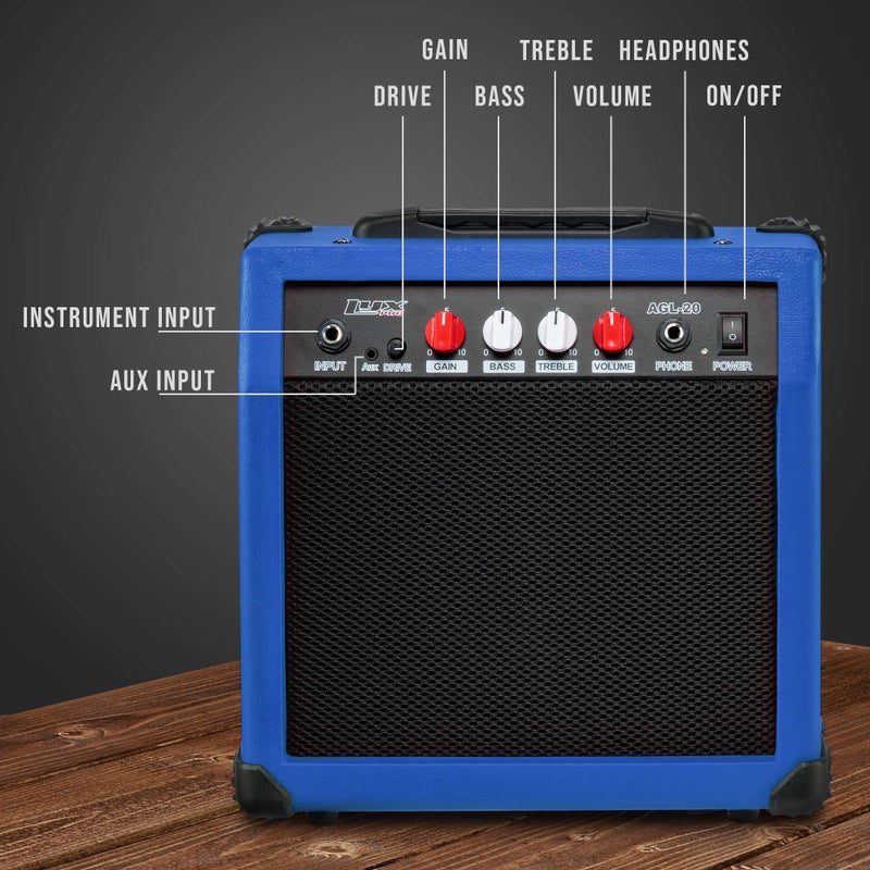 LyxPro Electric Guitar Amp 20 Watt Amplifier Built in Speaker Headphone Jack and Aux Input Includes Gain Bass Treble Volume and Grind - Blue - Image 2